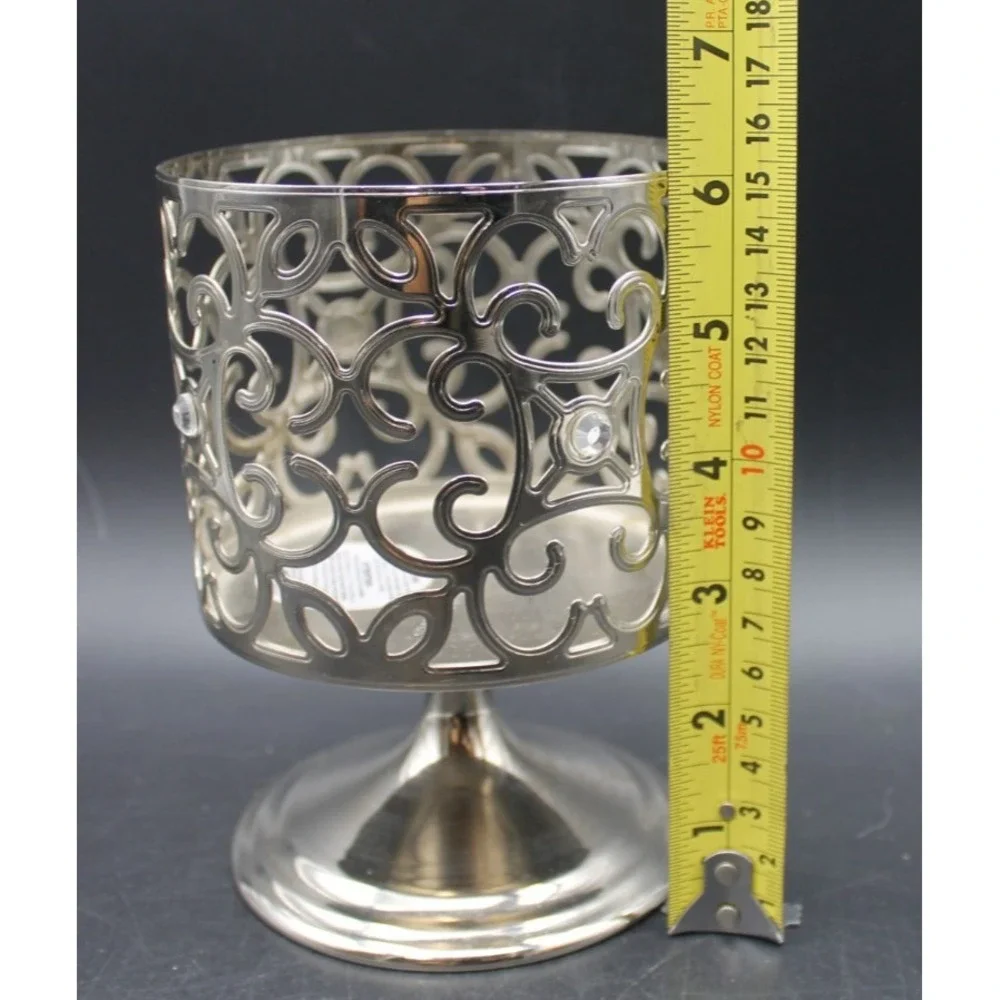 Bath & Body Works Silver Metal Pedestal 3 Wick Candle Holder Scrollwork